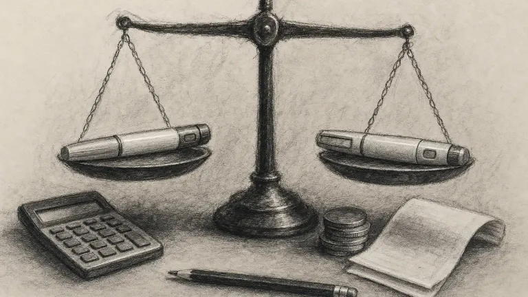 Charcoal drawing of a balance scale holding two injection pens beside a calculator, coins and receipt