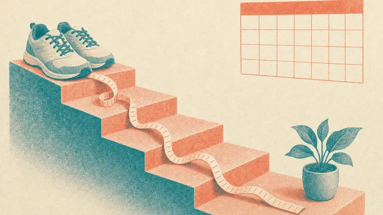 Risograph-style print of a measuring tape unspooling down a staircase with sneakers on the top step.