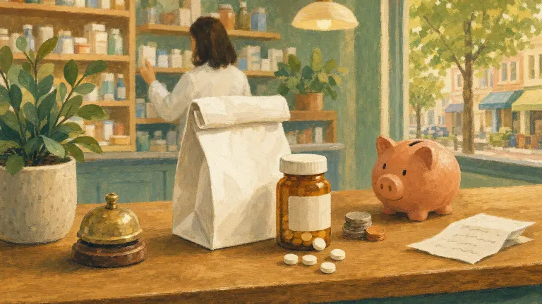 Gouache pharmacy counter scene with a paper bag, a pill bottle with tablets, a piggy bank and a folded receipt.