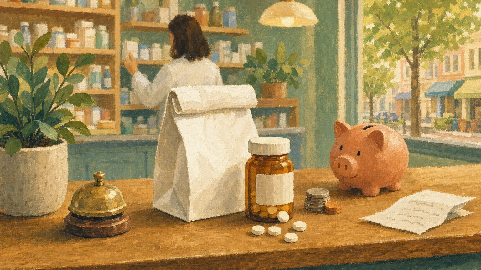 Gouache pharmacy counter scene with a paper bag, a pill bottle with tablets, a piggy bank and a folded receipt.