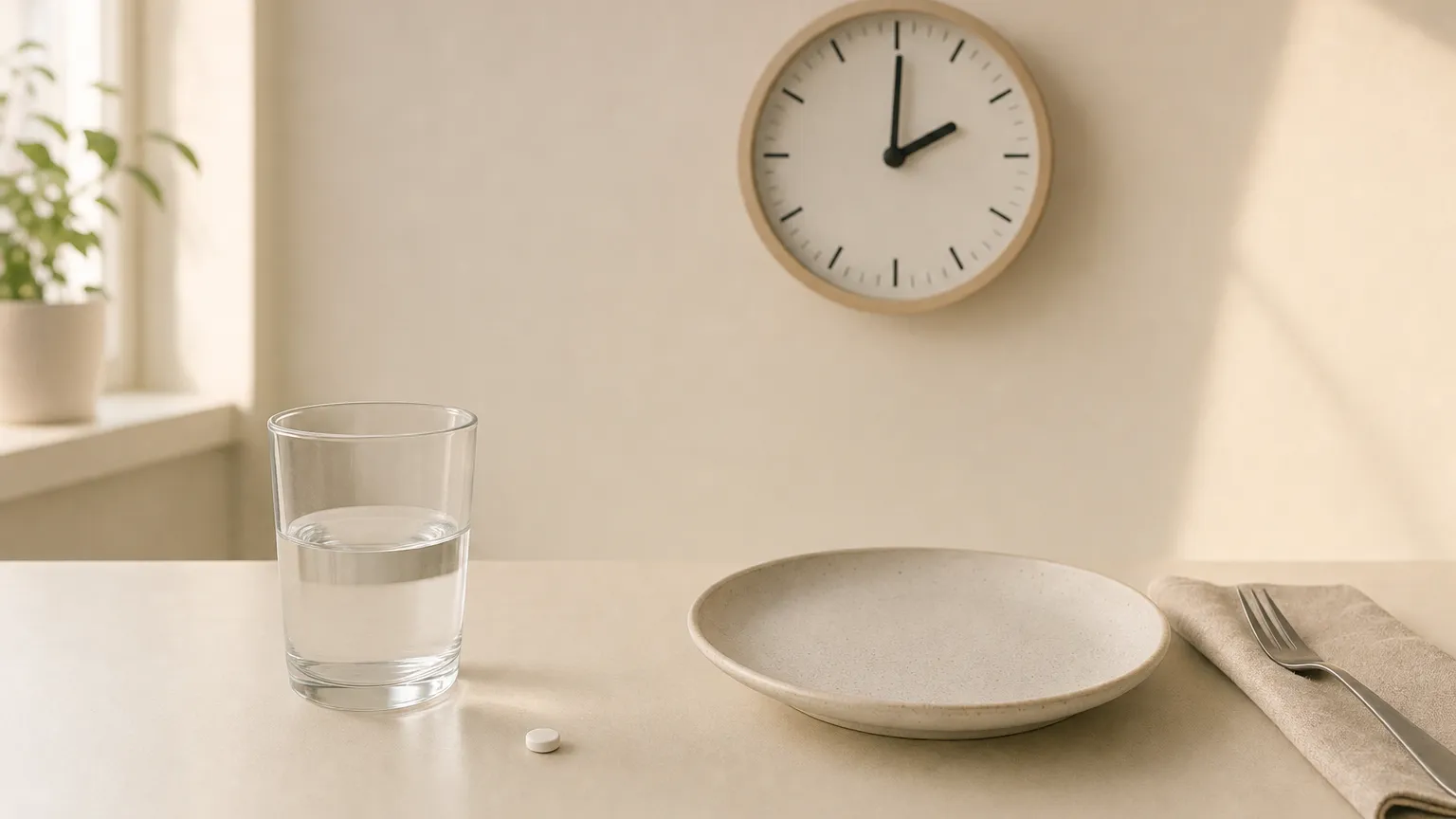 A white tablet next to a small glass of water, a morning clock and an empty plate waiting for breakfast.