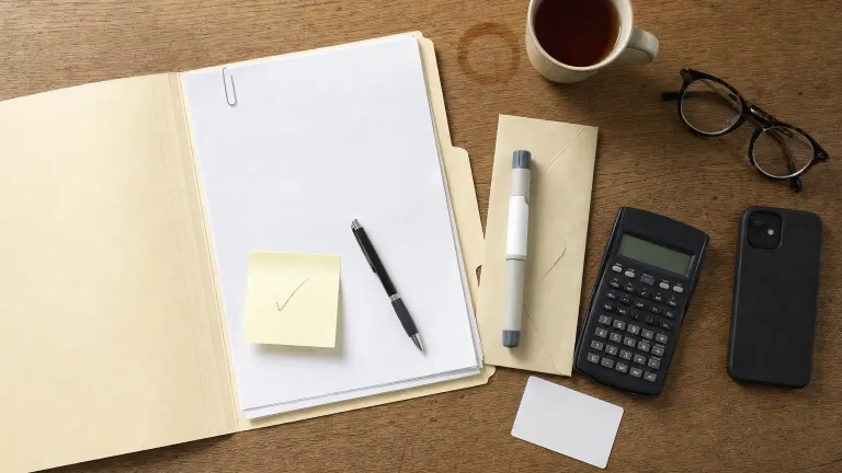 Overhead view of a desk with a manila folder, blank forms, a capped injection pen, a calculator and a blank insurance card.