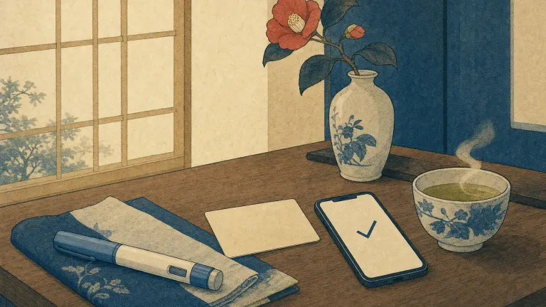 A blank savings card and a phone with a checkmark beside a capped pen on a low table.