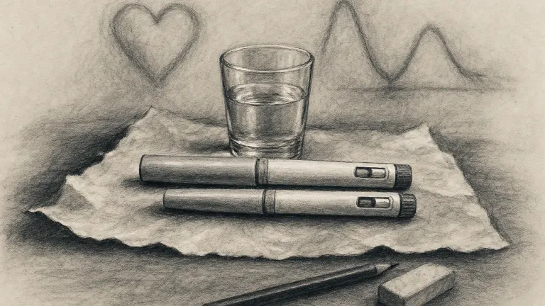 Charcoal drawing of two nearly identical injection pens side by side with a glass of water