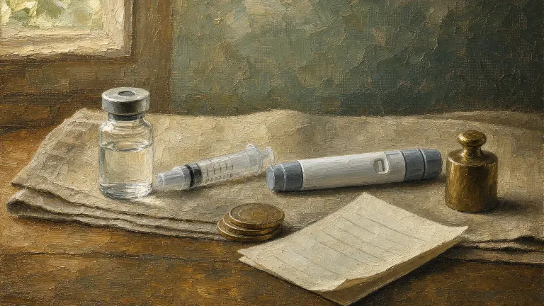Oil painting of a vial, capped syringe and a pen in a row with coins and a blank receipt