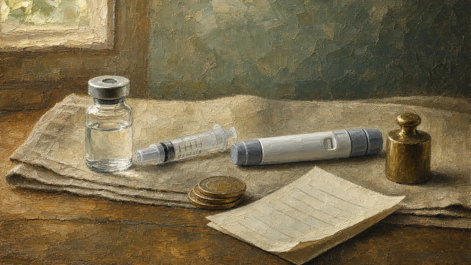 Oil painting of a vial, capped syringe and a pen in a row with coins and a blank receipt